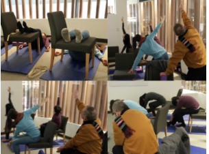 chair yoga teacher helping cancer patients